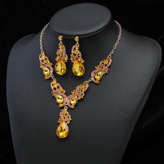 Women Necklace Earrings Set Luxury Symmetric Retro Rhinestone Hollow Out Anti-allergy Hanging