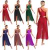 Womens Lyrical Dance Costume Shiny Rhinestones One Shoulder Sleeveless Cutout High Low Flowy Mesh Dress
