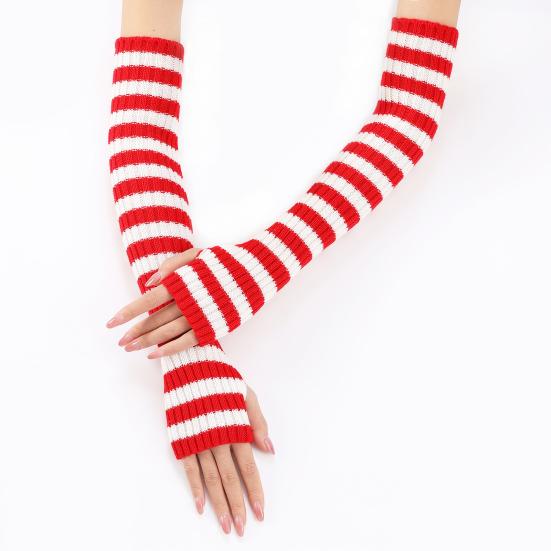 Women Striped Elbow Gloves Winter Knitted Arm Warmers Goth Punk Fingerless Gloves Stretchy Mittens with Thumb Hole for Daily Wear Cosplay