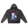 DTG Print Knitted Denim Zip-Up Hoodie Anime Girl Brother Print Zipper Hoodies  