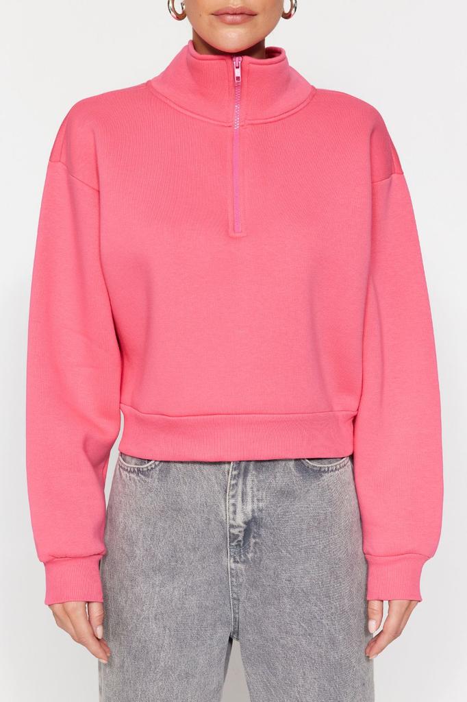 Women's Fashionable Stylish Sweatshirt Black Comfortable Cut Crop Basic Zippered High Collar Thick Inside Fleece Knitted Sweatshirt