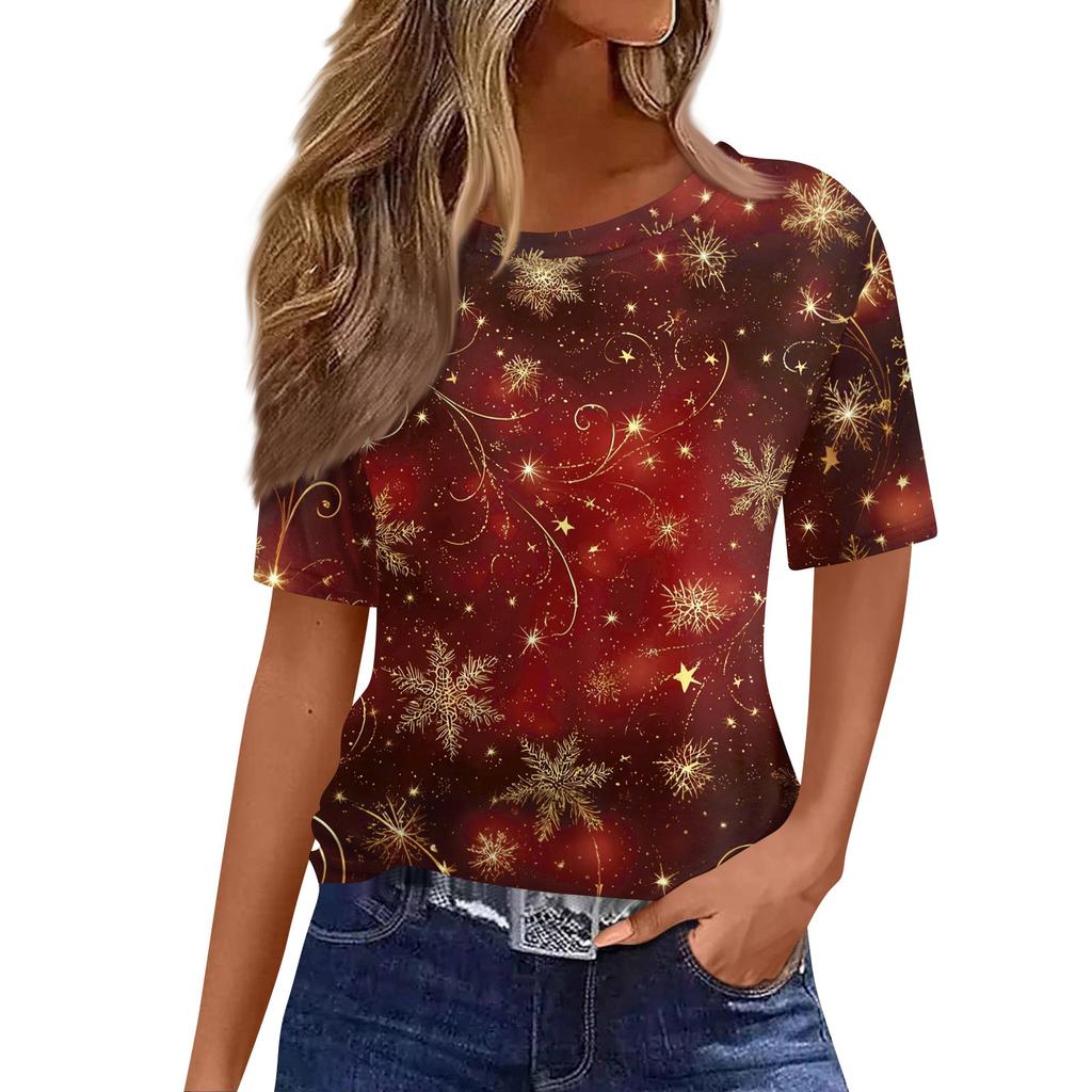 Women's Fashionable Casual Short Sleeve Christmas Print Round Neck Pullover Top