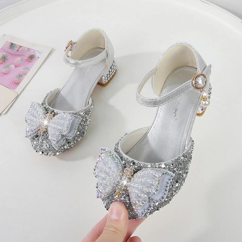 Children Princess Shoes Sequins Fashion Kids Leather Shoe Sandals Elegant Rhinestone Butterfly Girls Causal Dress Single Shoes