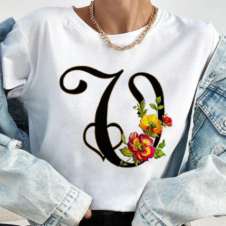 Custom Name Letter Combination Tops Fashion Women T-Shirt Rose Flower Heart Letter Font A B C D Short Sleeve Tees Black T-Shirt