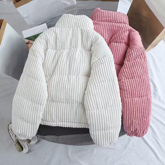 Women Auutmn Winter Coat Stand Collar Neck Protection Striped Texture Loose Thick Long Sleeve Solid Color Heat Retention Lady Outdoor Jacket