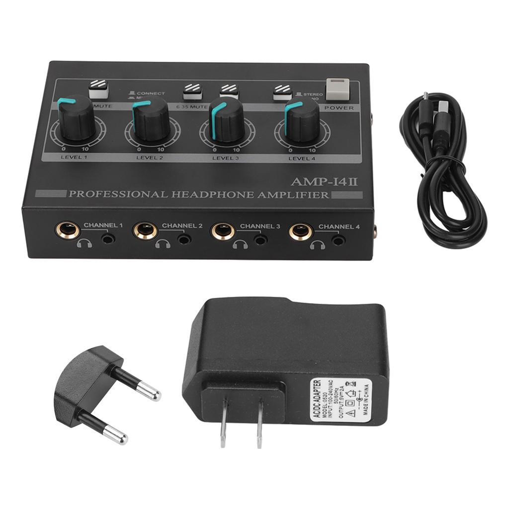 AMP?14II 4 Channel Headphone Amplifier Compact 4 Way Stereo Headphone Amplifier with 12V 2A Adaptor