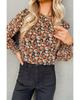 Orange Ruffle Trim Shirred Cuffs Floral Blouse