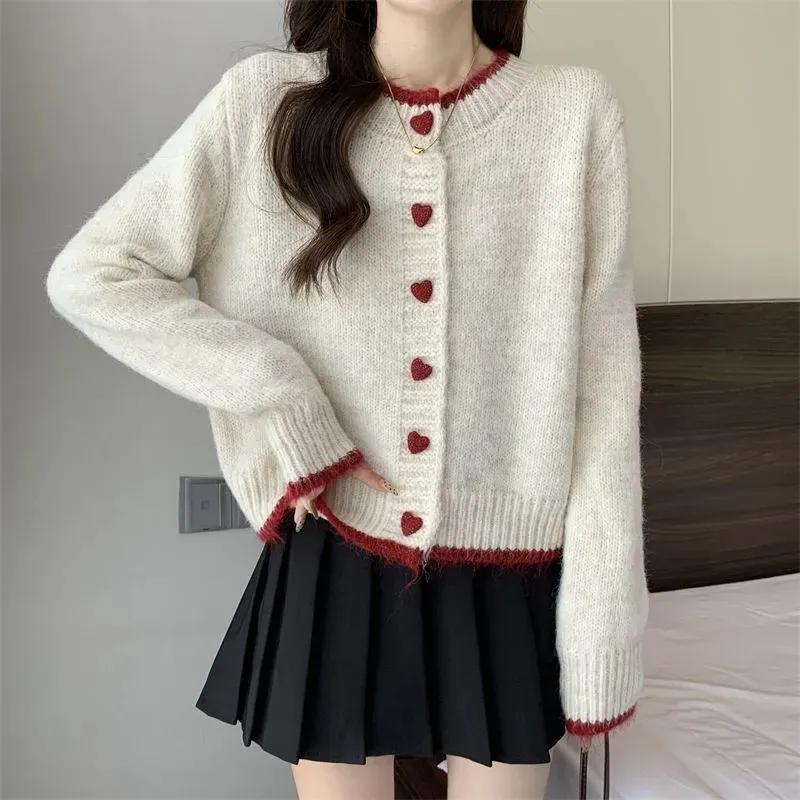 Women Sweater Coat Autumn Winter Design Color Block Heart Button Knit Cardigan Short Sleeve Top
