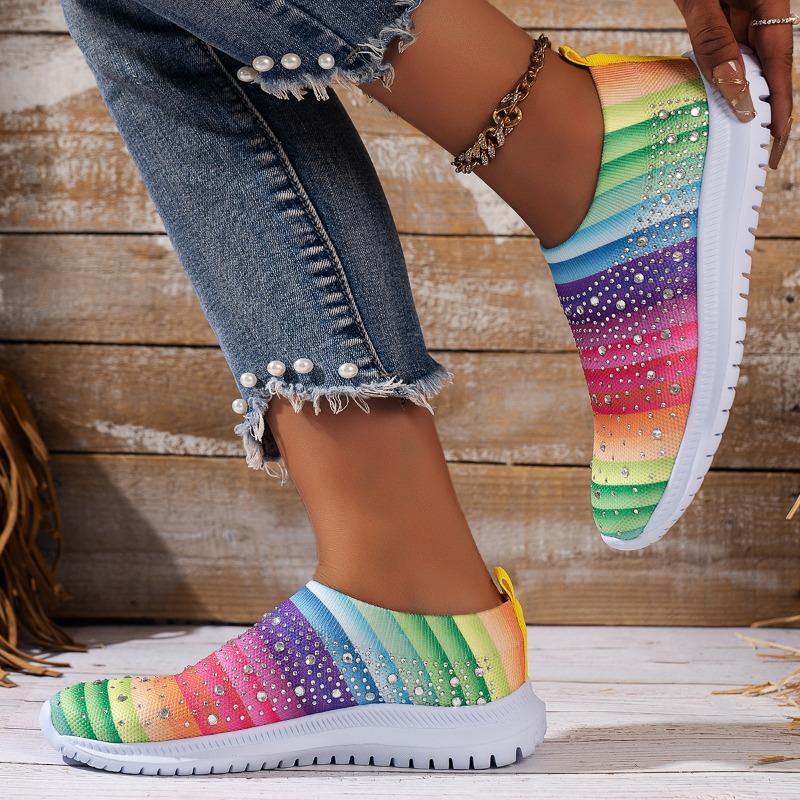 Flower Prints Knitted Flats for Women Plus Size Shiny Crystal Breathable Mesh Loafers Woman 2024 Autumn Slip-On Walking Shoes