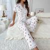 Lace Trim Women Pajama Set Short Sleeve Front Button Top & Full-Length Pants Cherry Print 2 Pieces Sleepwear Nightwear Homewear