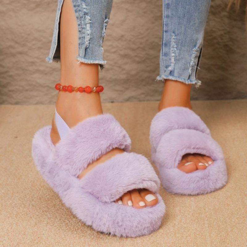 Fashion Plush Cotton Mopping Winter New Round Toe Open Toe One Strap Anti-slip Wear-resistant Platform Flats