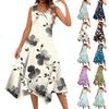 Women's Summer Fashion Round Neck Sleeveless Floral Print Irregular Hem Midi Dresses