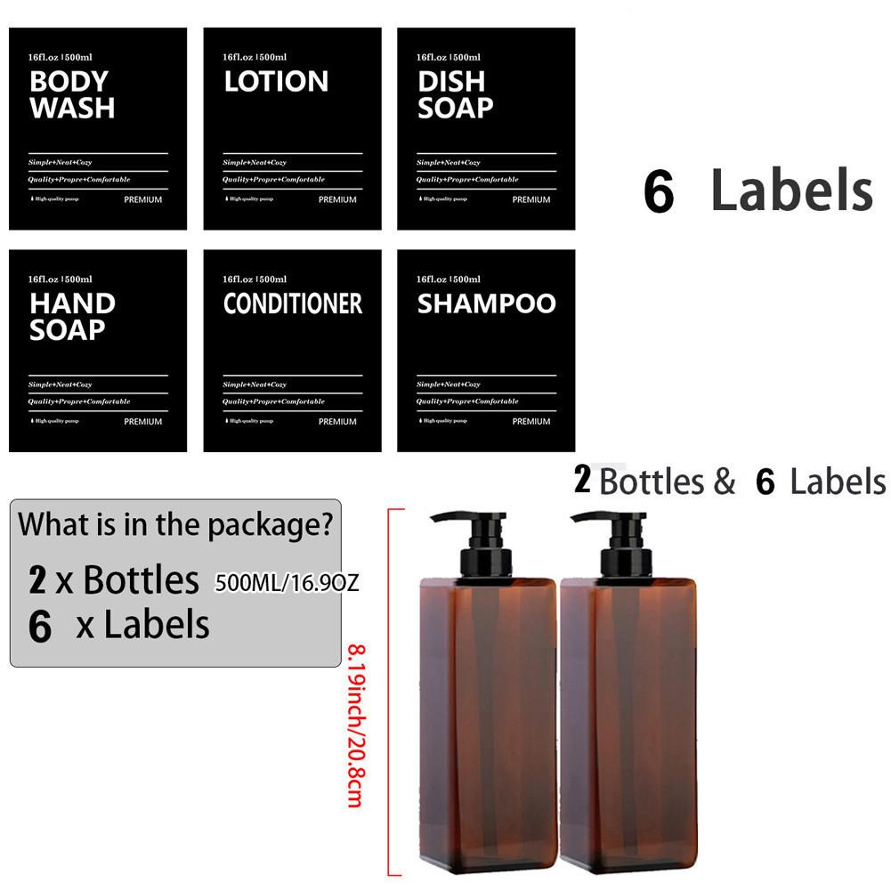 2pcs/set 500ml Square Empty Lotion Bottles with Labels Refillable Bottle Dispenser Containers Soap and Dish Soap Dispenser