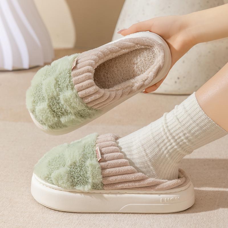 Couple Winter Toe Wrap Warm Plaid Cotton Slippers Thick Soft Sole Slides Men Women Indoor Floor Flat Home Non-slip Shoes