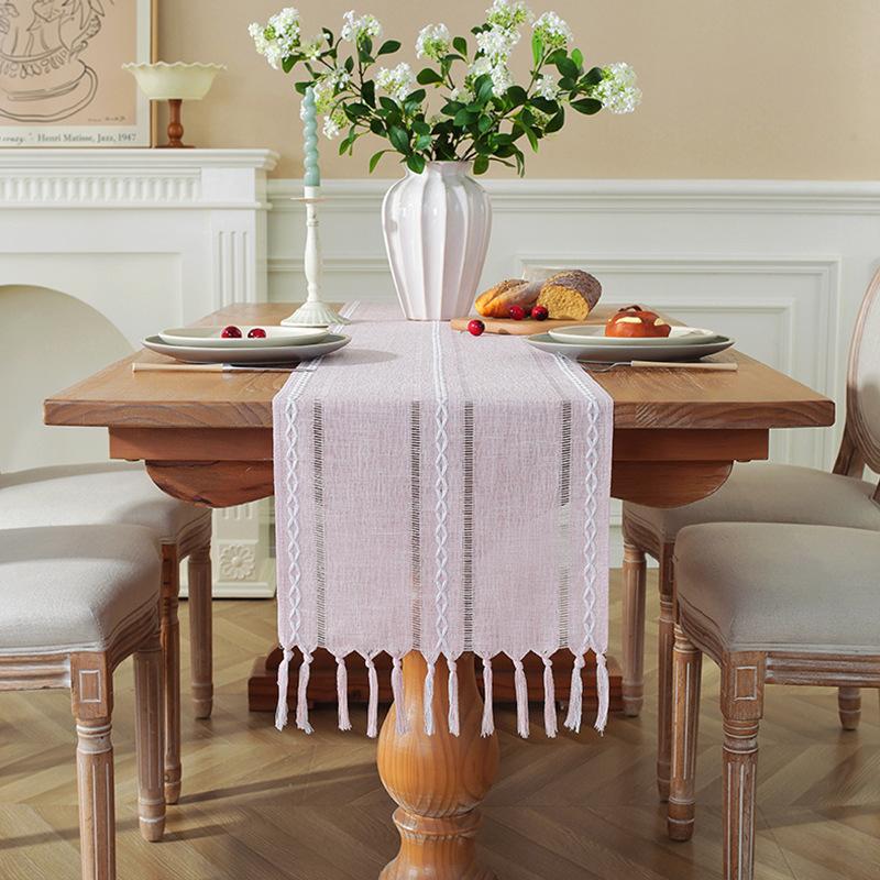 Hand Woven Solid Color Lace Table Runner with Fringe for Farmhouse Christmas Dining Table Decor