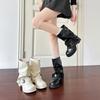 White retro fashionable trouser tube boots round head belt buckle thick heel pile short boots fried street versatile Martin boots women