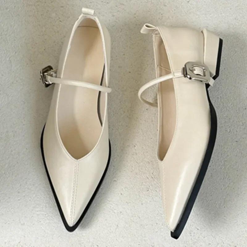 Fashion Pointed Toe Women Shoes Buckle Strap Solid Color Retro Designer Brand Low Heel Shallow Female Shoes Leather Concise Casual Shoes