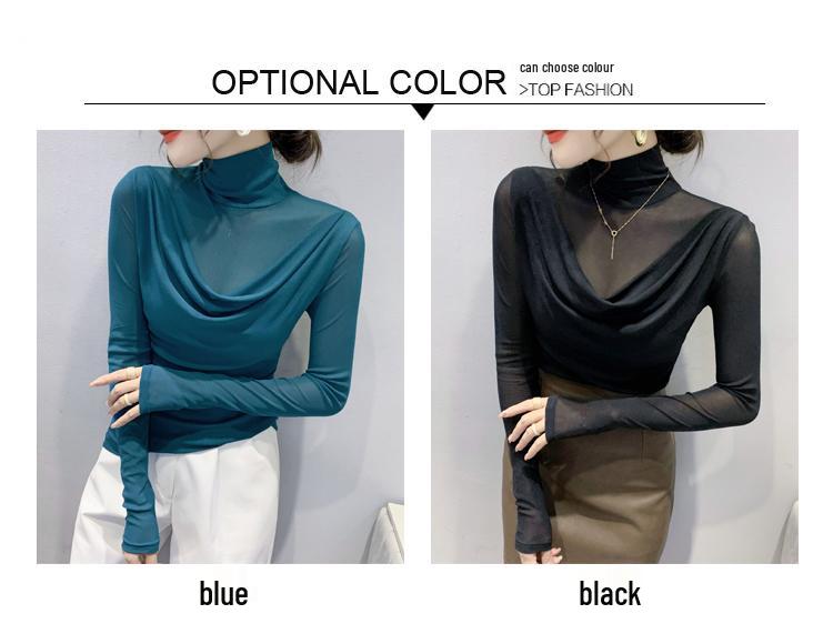 Европейский топ с высоким воротом из сетки с длинными рукавами - Женская облегающая осенняя рубашка