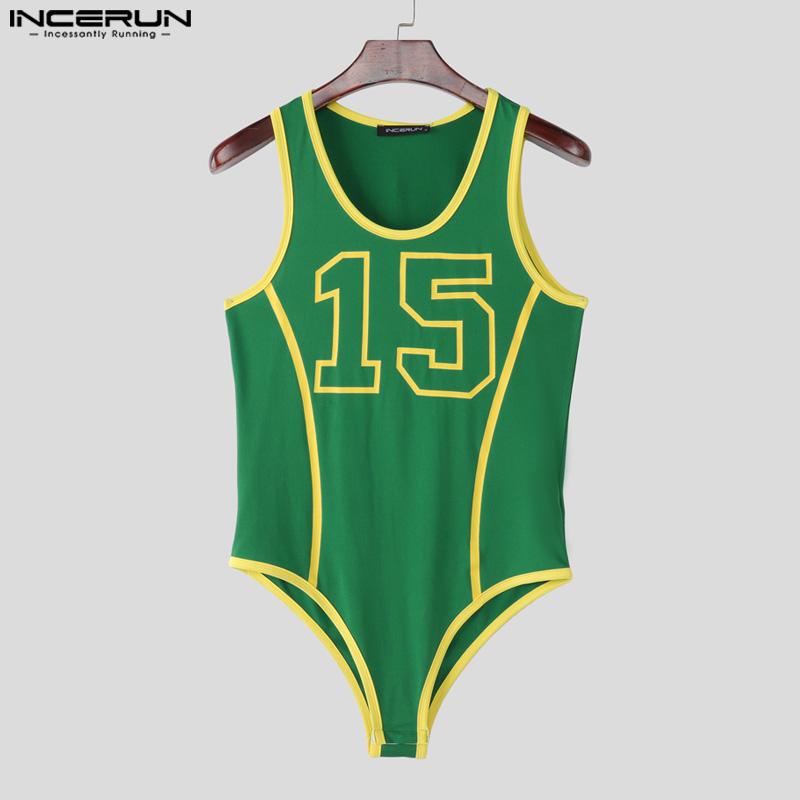 INCERUN Men Strap Sleeveless Letter Print Briefs Bodysuits Jumpsuits Underwear