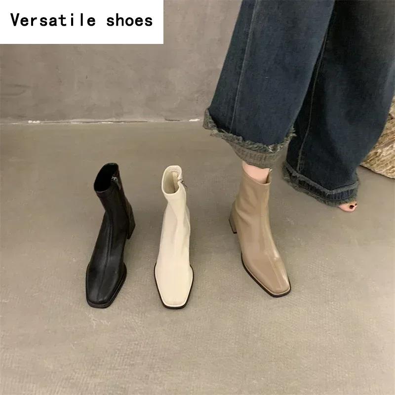 Women Ankle Boots Woman Square Heel Fashion Zipper Autumn Winter Women's Shoes Leather Girl's Short Booties