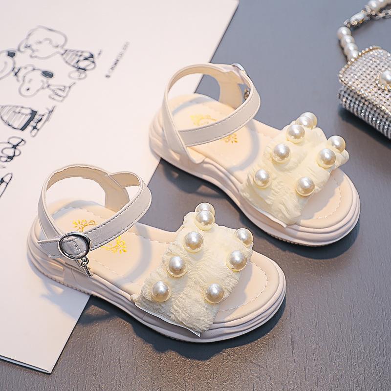 Girls Thick Soled Sandals Kids Summer Pearl Shoes Elegant Party Princess Open-toe Flats Casual Fashion Children's Beach Sandals