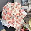 Women's Peach Print Short Sleeve Shirt Thin Casual Versatile Lapel Shirts 2025 Summer Japanese Retro Single Breasted Top