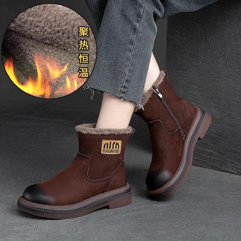 Winter Plush Warm Short Boots Retro Comfortable Genuine Leather Solid Color Versatile Women's Shoes