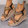 Women's Bohemian Beaded Elastic Strap Sandals, Rhinestone Platform Wedge Summer Shoes, Plus Size Fashion Footwear