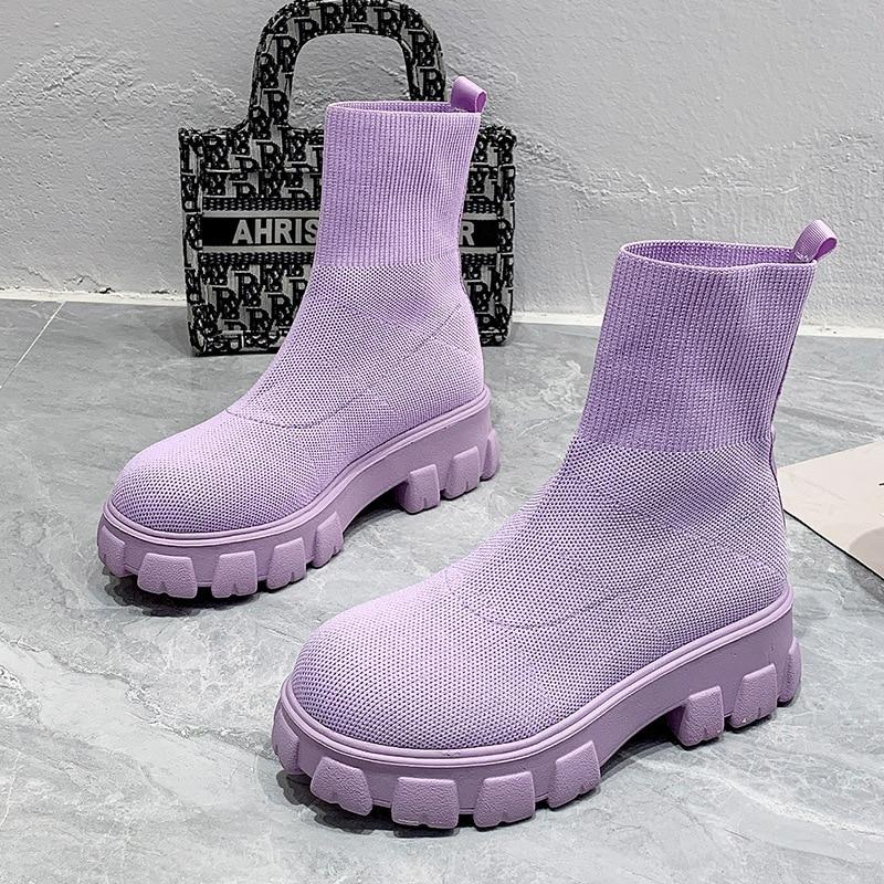 2023 Casual Stretch Fabric Platform Boots Fashion Slip-On Women Ankle Boots Knitted Sock Platform Shoes Sports Short Boots Plus Sizes 43