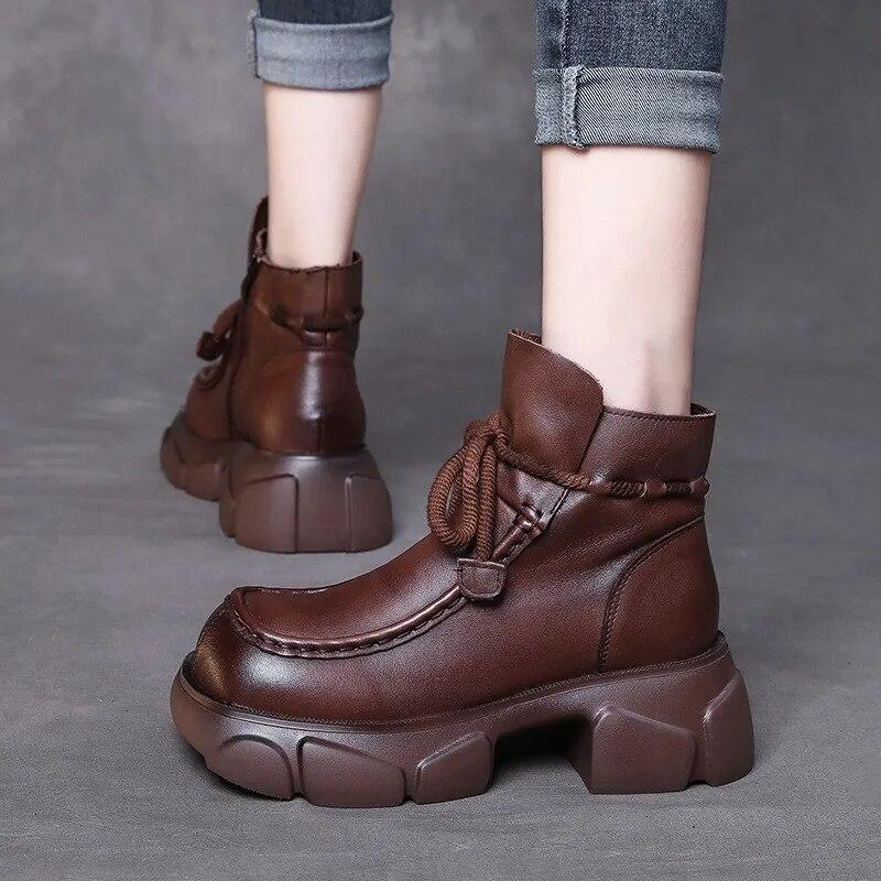 Johnature Retro Genuine Leather Platform Short Boots Women Shoes Thick Soled Square Toe Boots