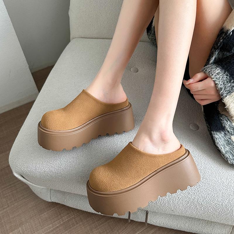 Fashion 2024 Autumn and Winter Retro New Fashion Women's Warm Plus Velvet Solid Color Thick-soled Toe-cap Cotton Slippers