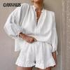 Women's Summer Sexy Lace Up High Waist Fashion Solid Color Loose V Neck Lantern Sleeve Shorts Two Piece Set