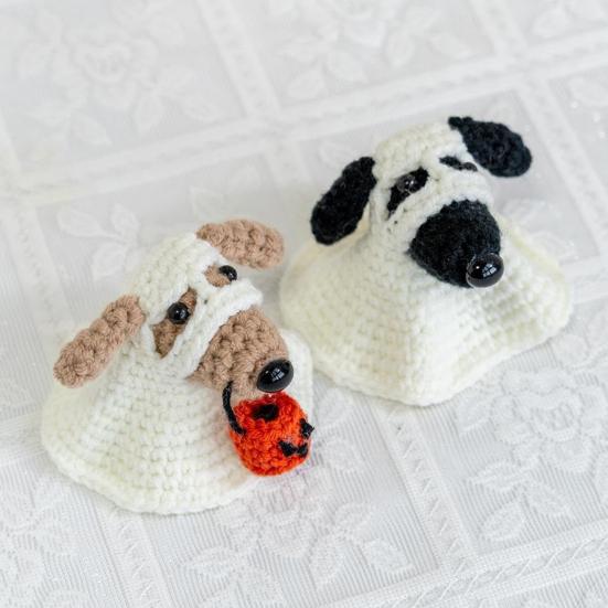 1/2Pcs Halloween Crochet Ghost Dog Doll Mini Handmade Knitting Pumpkin Ghost Puppy Doll Home Office Desktop Animal Decoration Ornament