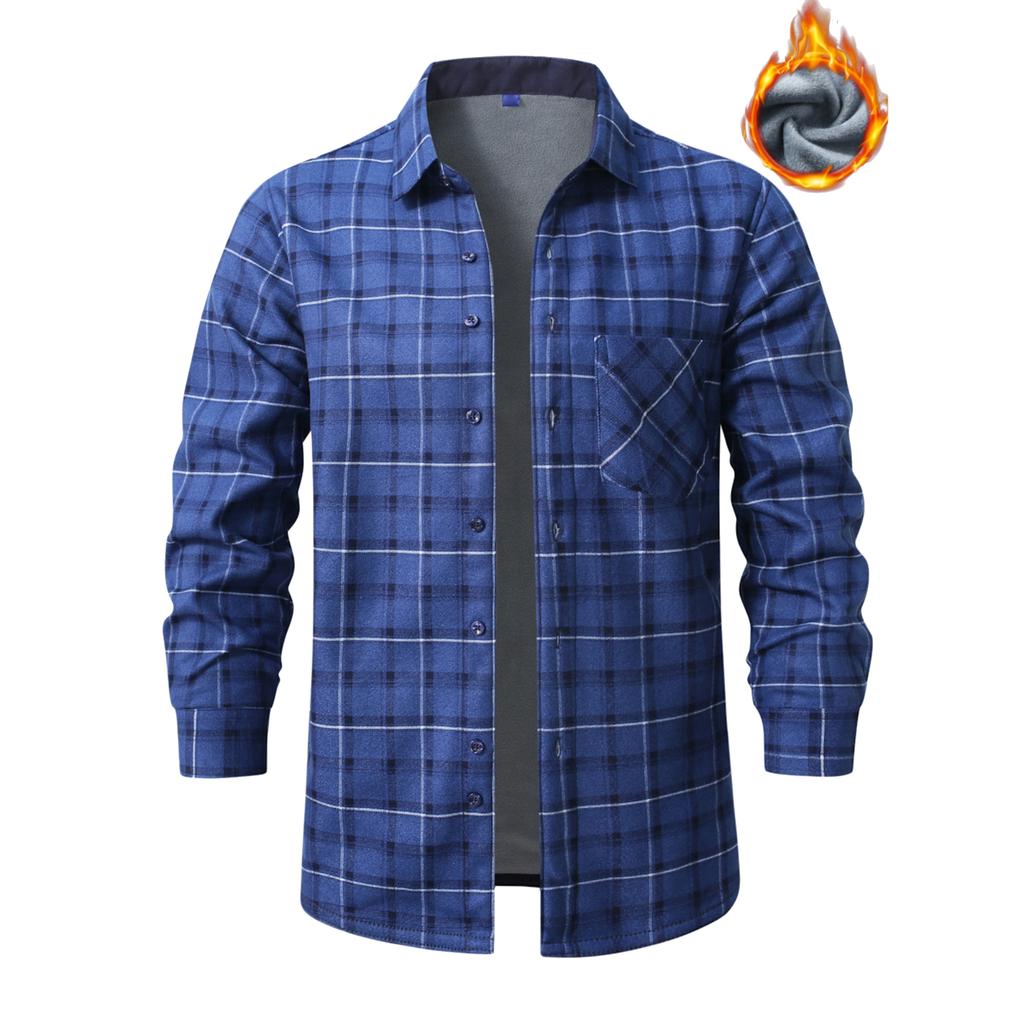 Men's Fleece And Thickened Warm Checked Button Shirt, Men's Fashionable Square Collar Casual Long-sleeved Top