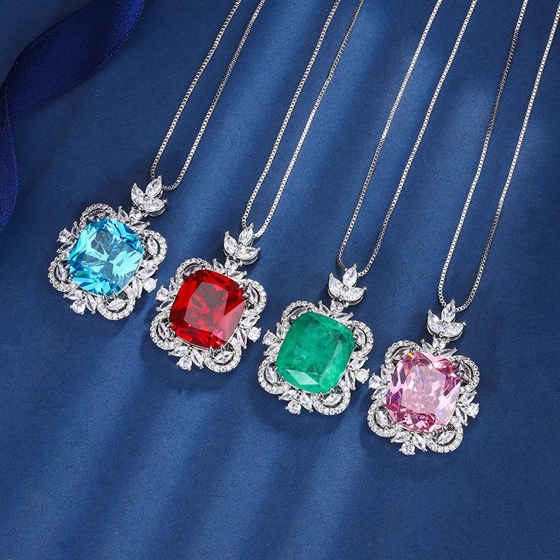 Jewelry Copper Bottom Gold-Plated Fashion Imitation Colored Treasure Fat Square 14 * 16 Pendant Necklace Women