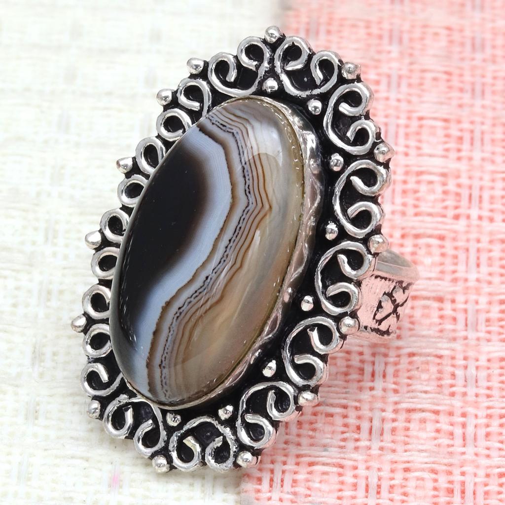 Gray Botswana Agate Gemstone Handmade Silver Jewelry  "8"