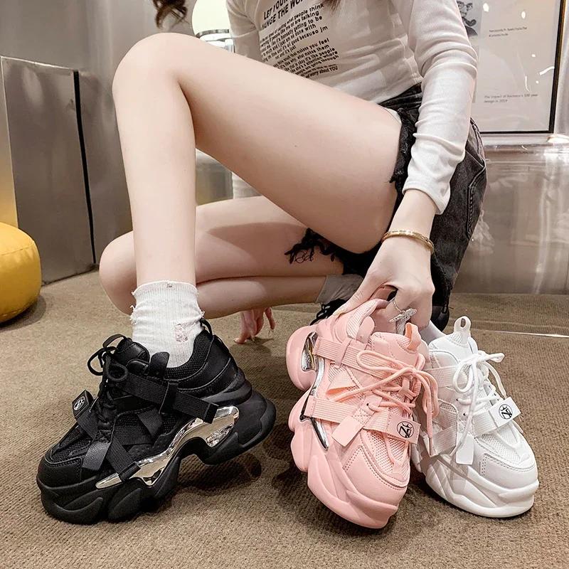 Fashion Brand 2024 Breathable Mesh Sneakers Sport Shoes Woman Wedge Casual Chunky Shoes High Platform Shoes 7CM