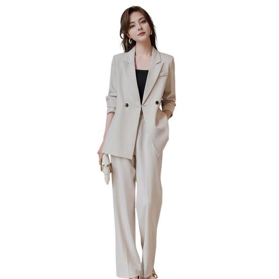 3 Pcs/Set Lady Formal Suit Coat Pants Set Turn-down Collar Button Decor Long Sleeves Jacket Loose Pure Color Trousers Casual Commuting Business Outfit