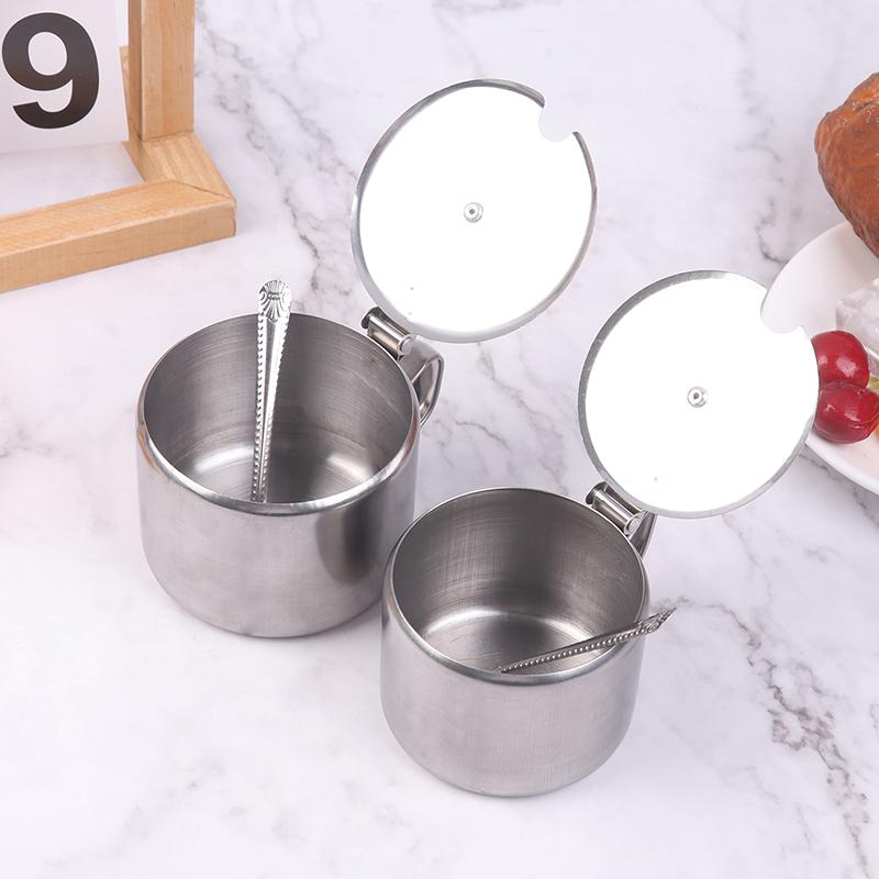 Practical Stainless Steel Sugar Bowl With Handle Lid Spoon Dustproof Waterproof Seasoning Jar Kitchen Restaurant Spice Container