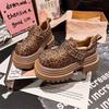 Spring Chunky Shoes Women's Fashion Round Head Deep Mouth Crystal Leopard Print Metal Buckle Waterproof Platform Heels
