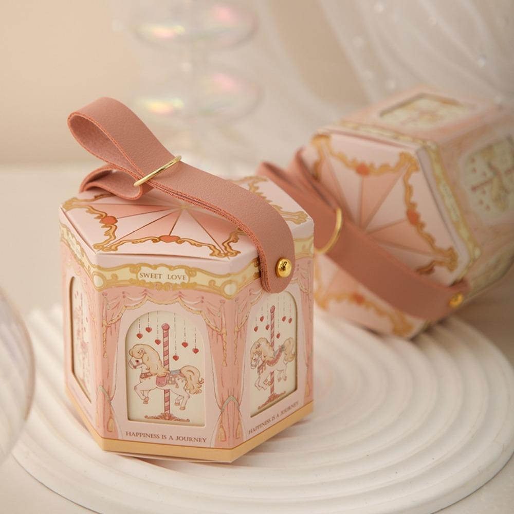 Leather Handle Carousel Gift Box Paper Wedding with Hand Gift Elegant Wedding Candy Box