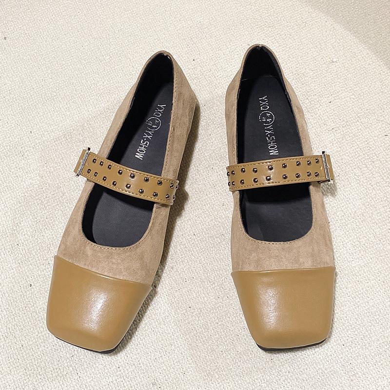 Spring New Flat Shoes Women's Square Head Splicing Suede Shallow Mouth Rivets with Soft Sole Non-slip Single Shoes