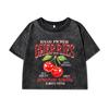 Women Cotton Crop Washed T-Shirts Hand Picked Cherries Prints Short Sleeve Distressed Tops Female Street Clothes