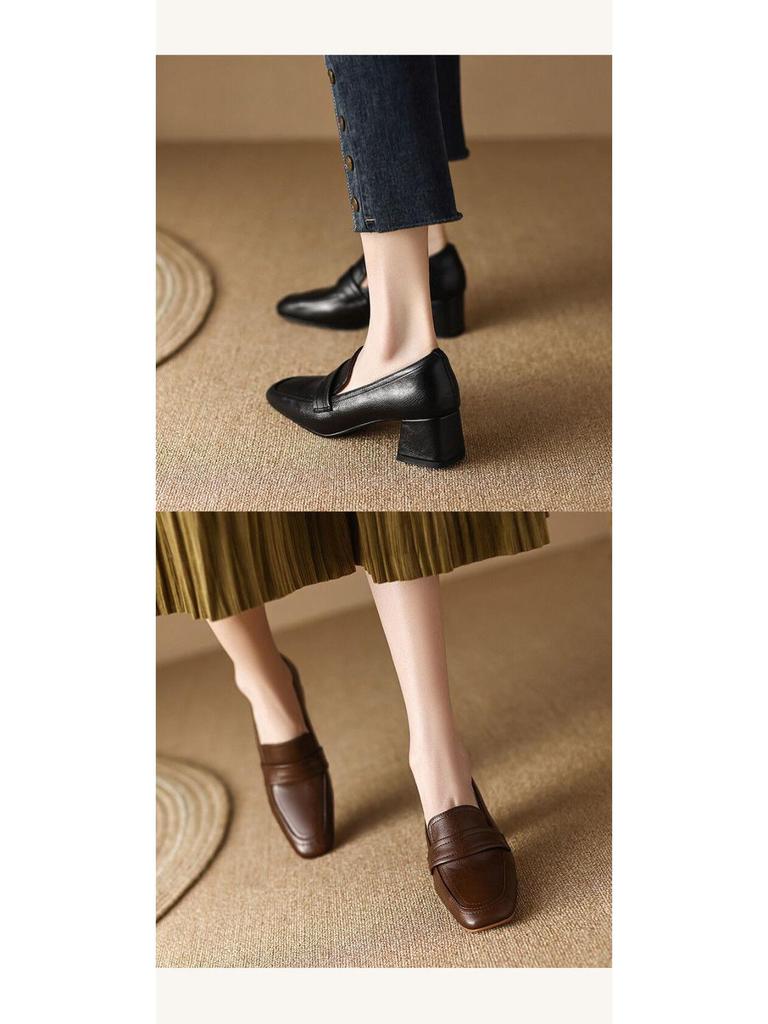 Women's Chunky Heel Retro Square Toe Loafers - Genuine Leather, Clearance, Spring/Autumn 2025
