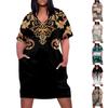 Women's Summer Plus Size V-neck Short Sleeve Print Knee Pocket Casual Dress