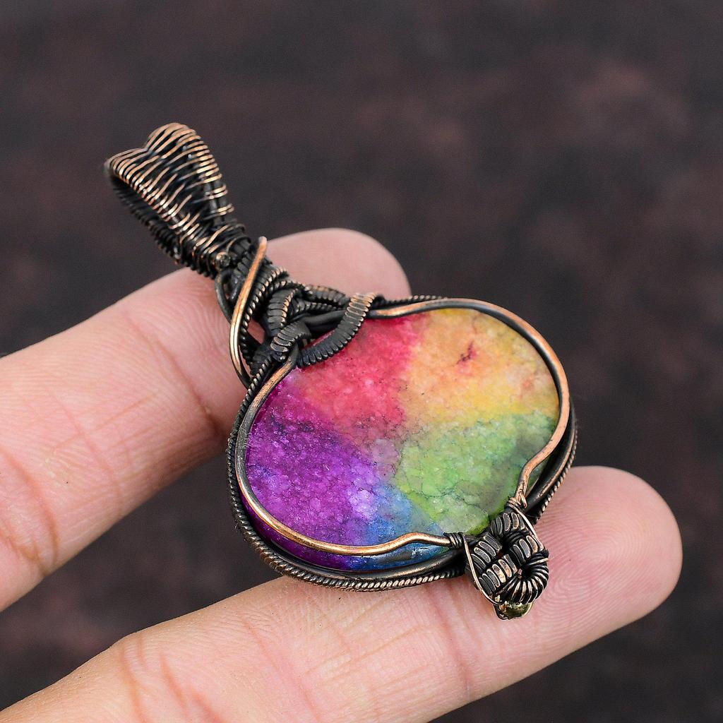 Rainbow Solar Quartz Druzy Copper Wire Wrapped Pendant Rainbow Moonstone Pendant Copper Jewelry Gemstone Pendant For Women Handmade Jewelry