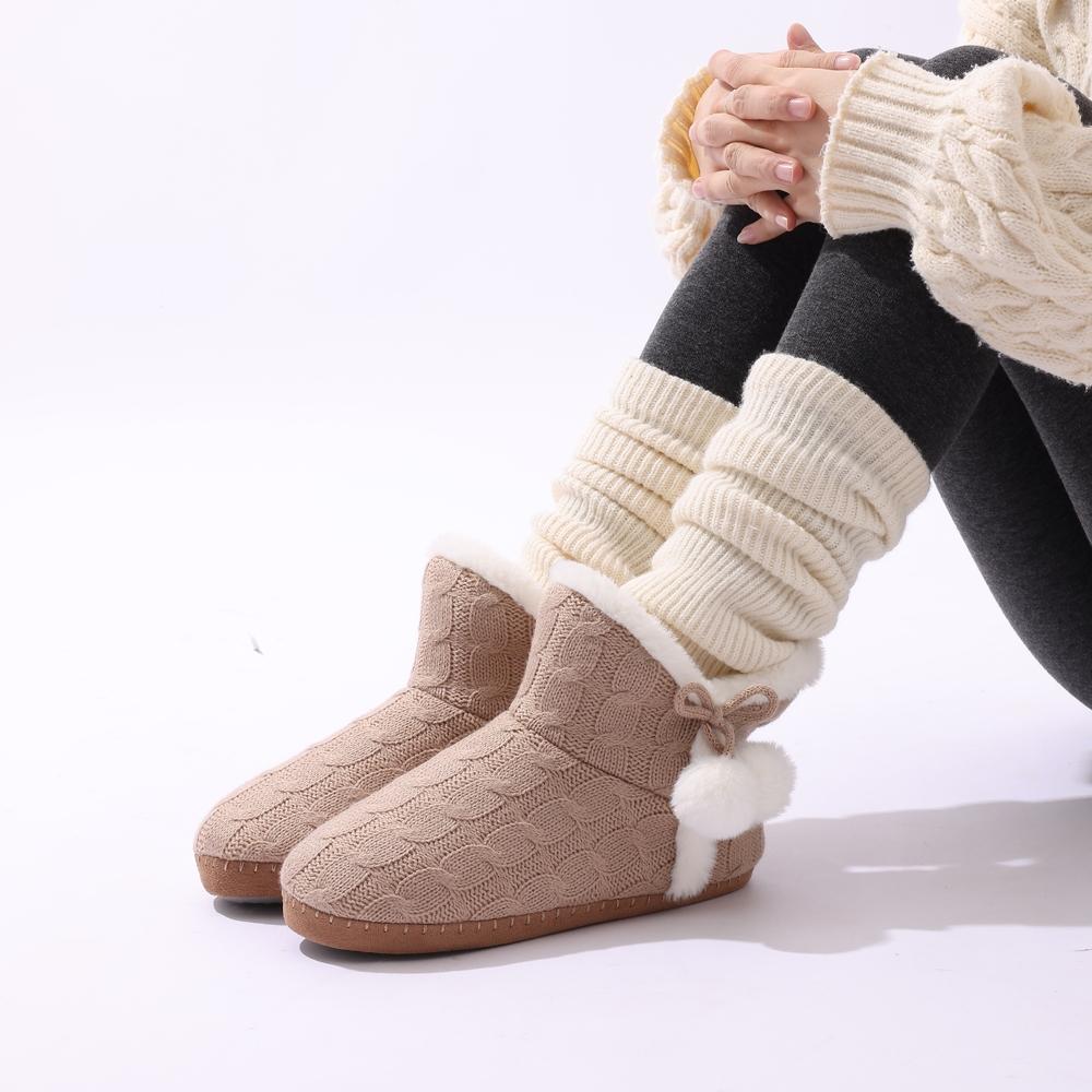 Fashion Comwarm Fur Fuzzy Snow Boots For Women Knit Plush Winter Slippers Non-slip Furry Flat Ankle Boots Warm Fluffy House Cotton Shoes