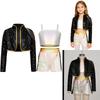 Kids Girls 3Pcs Demon Cosplay Singer Outfit Iridescent Gloss Adjustable Shoulder Straps Crop Top Long Sleeve Gold Webbing Trim Sequins Outer Wear and