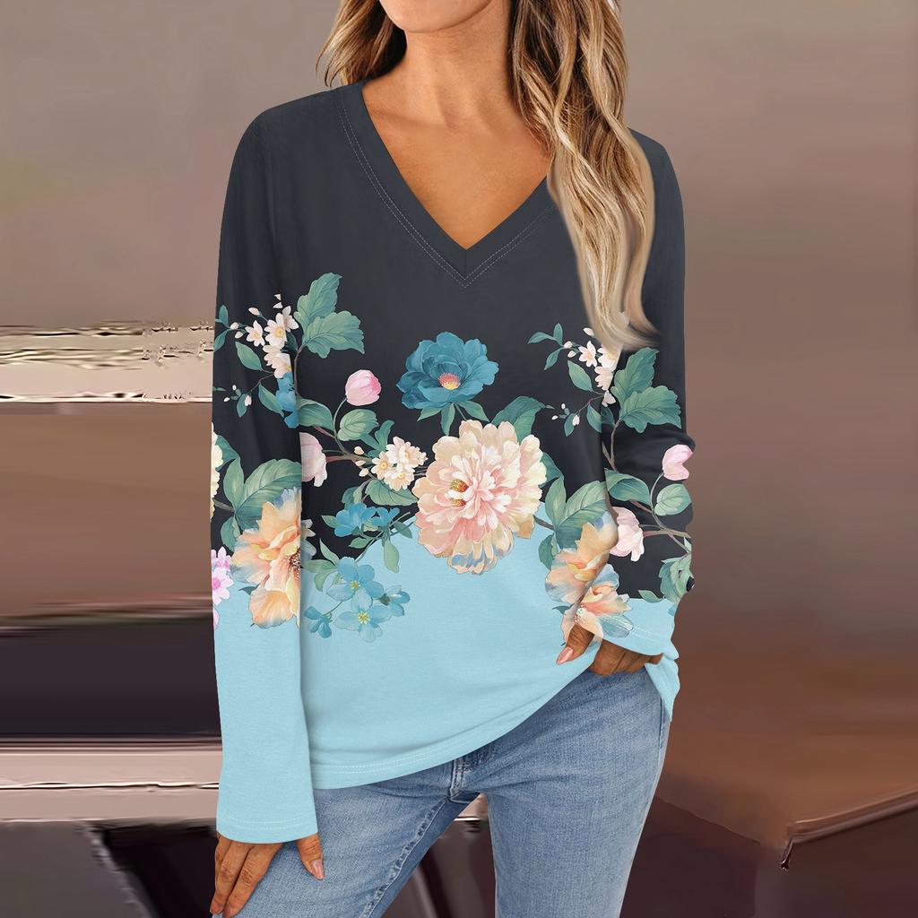 Women's Fashion Casual V Neck Long Sleeve Printed T-Shirt Ladies Top