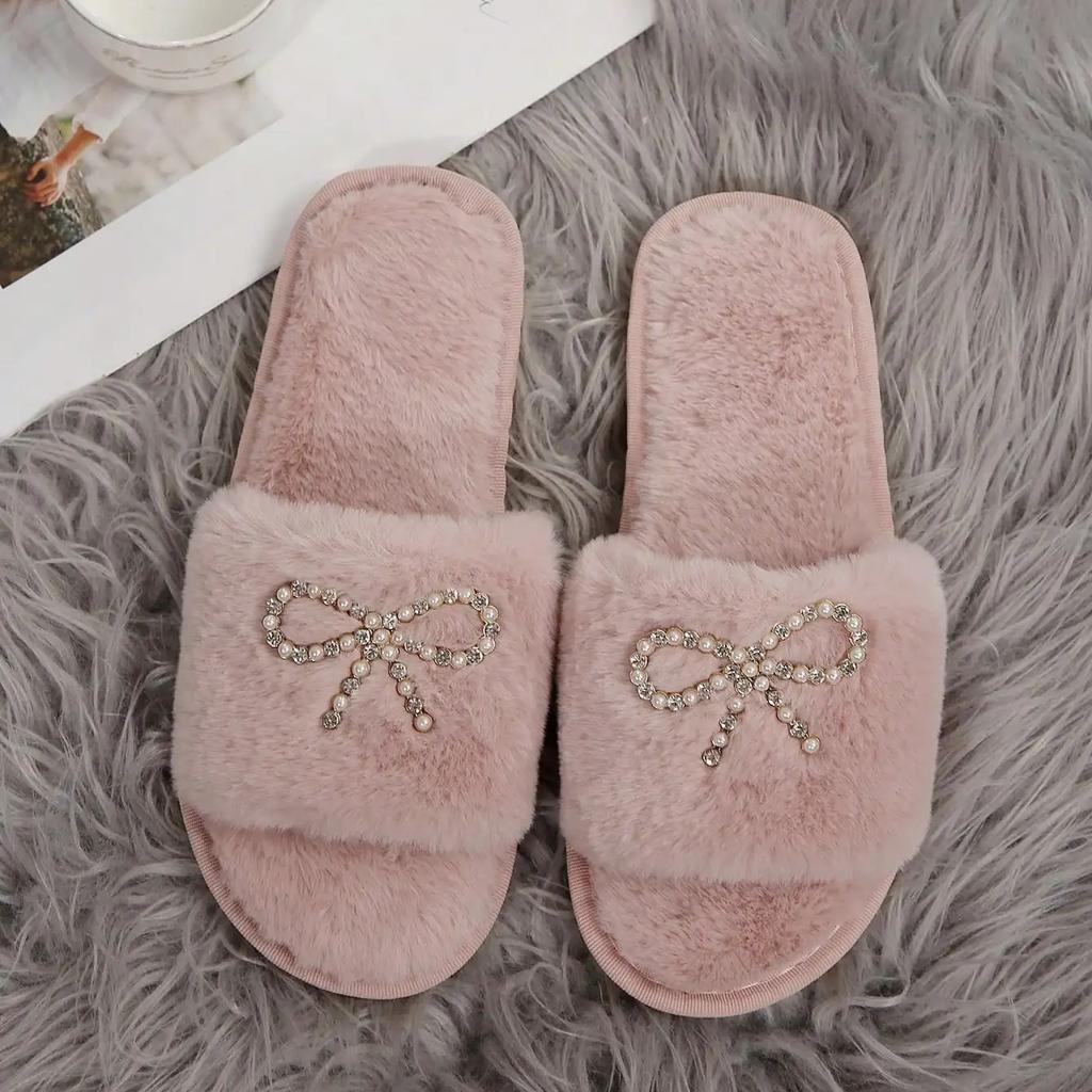 Lovely Fashion Slippers Female Slides Daily Flat Low Heels Shoes Woman Bright Diamond Butterfly-knot Winter Shoes Plus Size